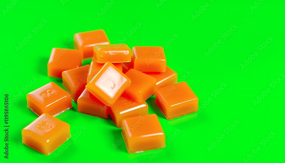 Obraz premium Close-up of a pile of vibrant orange caramel candies isolated on a green screen background. The candies are square-shaped, shiny, and have a creamy texture. The image is a studio shot with professiona
