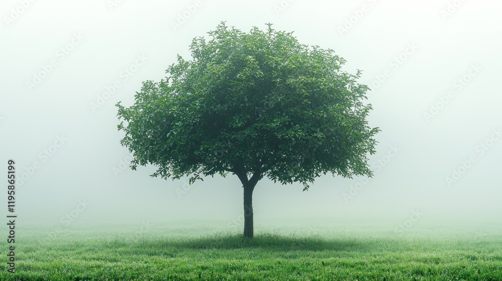 Fototapeta premium Solitary Tree in Misty Meadow: A Serene Landscape