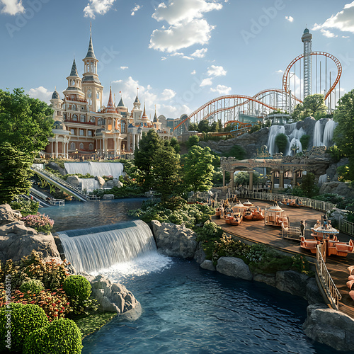 Neoclassical Amusement Park, exclusive. Attractions: Roller coasters, interactive games, themed promenades, with waterfalls photo