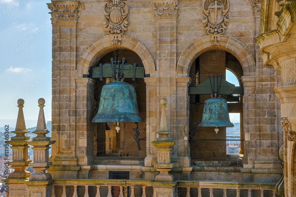 Fototapeta premium Spain, Galicia. Santiago de Compostela, view of the bell tower from the roof of the cathedral