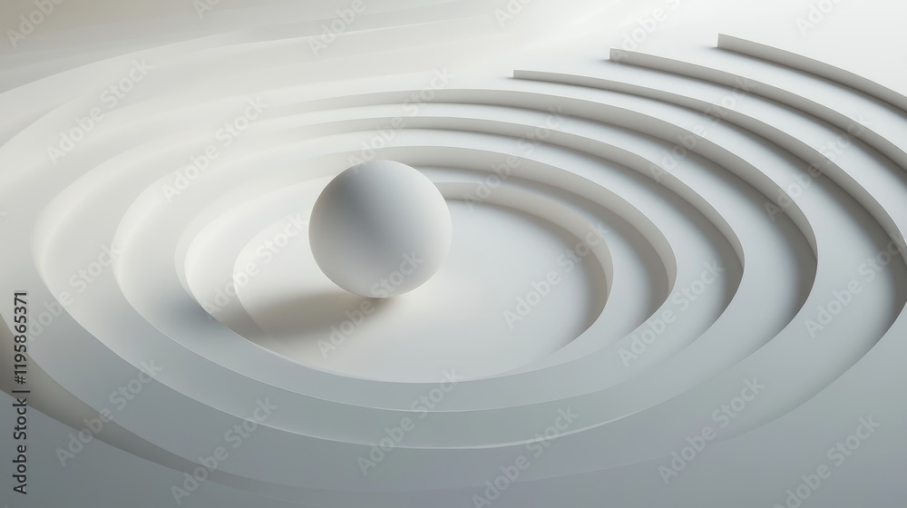 Obraz premium Abstract white installation with a sphere rolling on curved lane with soft shadows, 3d rendering illustration