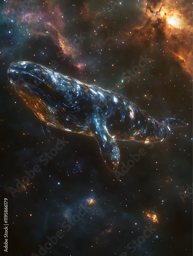 gargantuan cosmic whale, a body made of swirling liquid light, glides effortlessly through the void. skin reflects the brilliant colors of nearby nebulae, shimmering with hues of sapphire and emerald