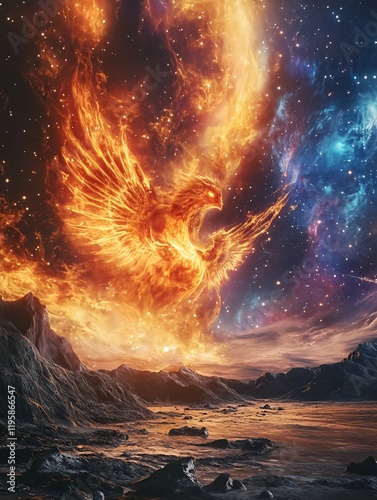 A massive, glowing phoenix made of flames and stardust rises from the surface of a distant planet, its wings spread wide and shimmering with every color imaginable photo