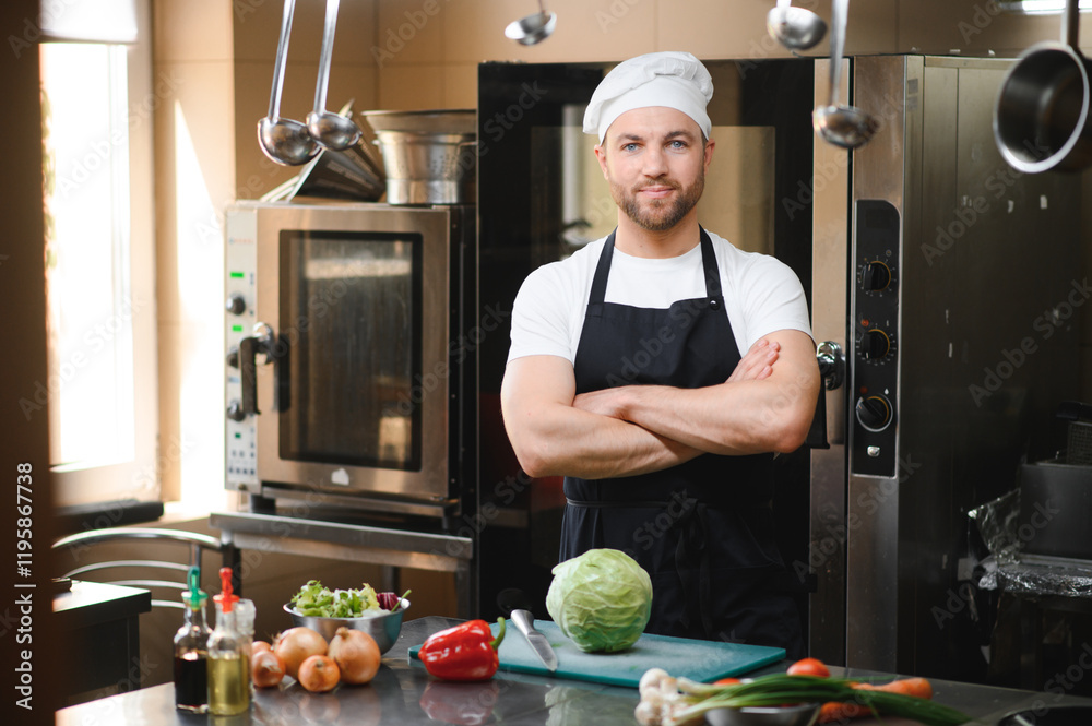Portrait of handsome positive chef cook at the restaurant kitchen Portrait of handsome positive chef cook at the restaurant kitchen