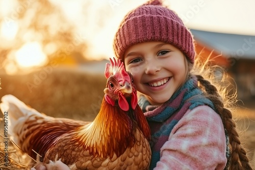 Young child hugging a chicken outdoors on a sunny day