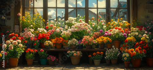 Wallpaper Mural Sunlit Greenhouse Filled with Blooming Roses and Flowers in Terracotta Pots Torontodigital.ca