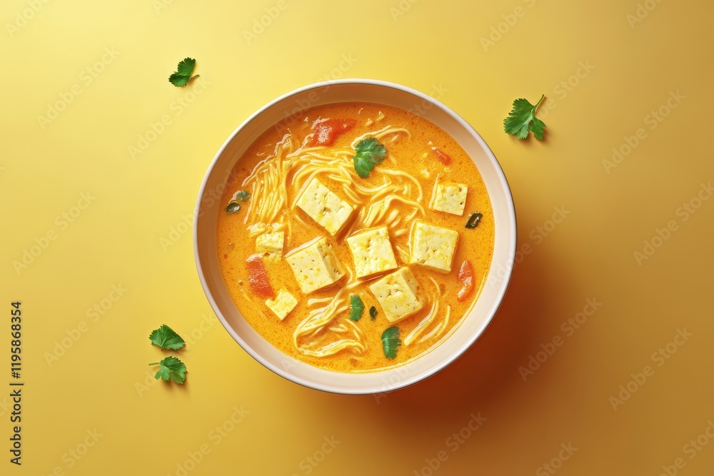 Delicious bowl of creamy noodle soup with tofu and vibrant herbs on a sunny yellow backdrop Delicious bowl of creamy noodle soup with tofu and vibrant herbs on a sunny yellow backdrop