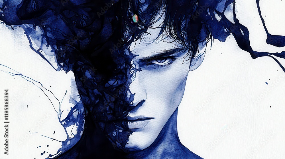 Fototapeta premium Intriguing Portrait of a Male Figure with an Abstract Dark Fluid Design Representing Inner Turmoil and Emotions in Blue and Black Tones