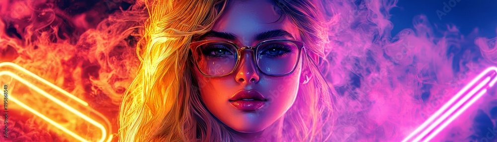 Obraz premium Vibrant Portrait of a Young Woman with Glasses Surrounded by Neon Lights and Colorful Smoke in a Futuristic Setting