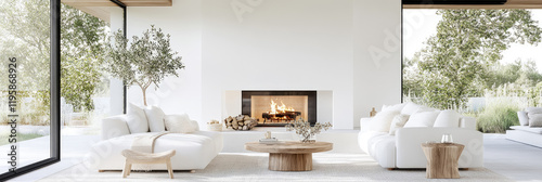 Modern Minimalist Living Room with Fireplace and Garden View:  Serene Interior Design
