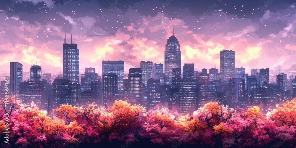 Obraz premium A Breathtaking Cityscape at Dusk: Illuminating Skyscrapers Tower Above Vibrant Autumn Trees Under a Starry Twilight Sky in a Bustling Urban Landscape