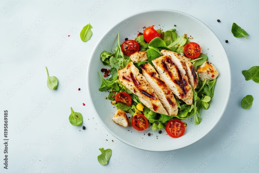 Grilled chicken salad topped with fresh cherry tomatoes and a variety of greens on a light background