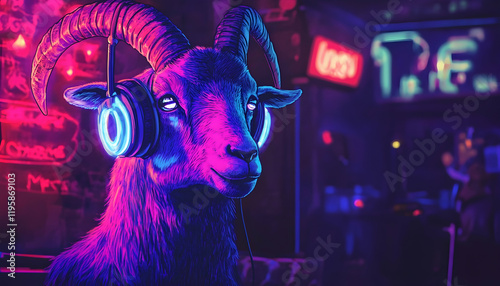 Illustration of a goat with bright neon illumination listening to music in headphones in a dark nightclub