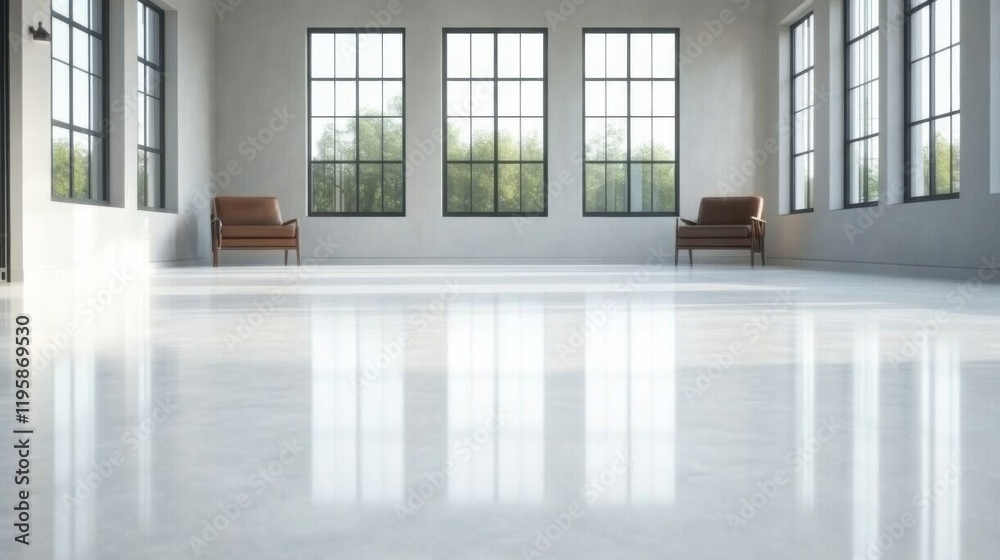 Fototapeta premium A minimalistic, spacious room with large windows and a glossy white floor reflecting light. Two brown chairs are placed symmetrically near the windows.