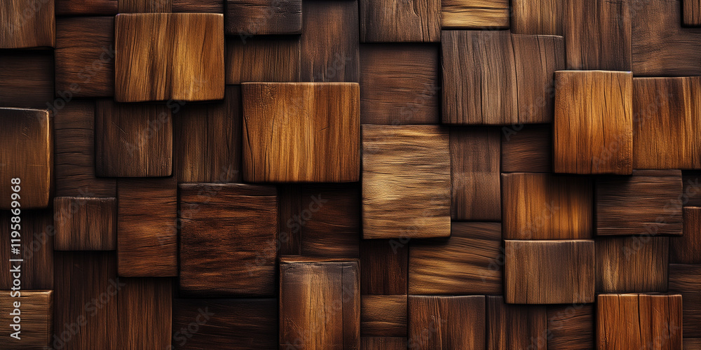 A textured wall made of interlocking wooden blocks in various shades of brown, abstract background texture of checkered wooden panels A textured wall made of interlocking wooden blocks in various shades of brown, abstract background texture of checkered wooden panels