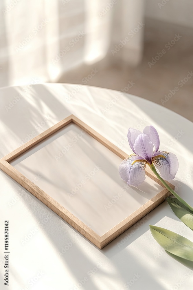 Fototapeta premium Minimalist frame rests on table beside delicate purple flower, e