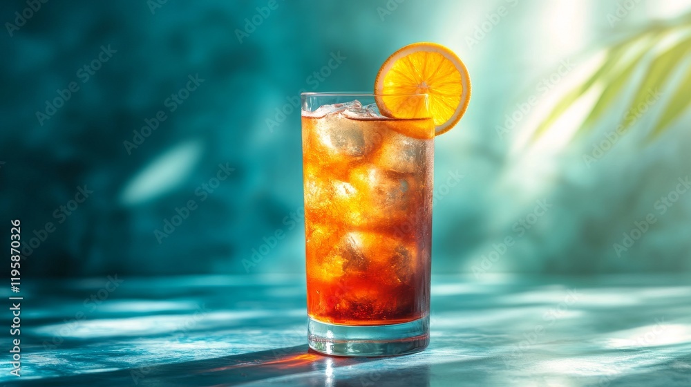 Fototapeta premium A stylish cocktail in a tall glass, garnished with a slice of orange, set against a softly lit turquoise background