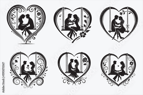 A couple sitting on a swing enclosed within a heart shape.