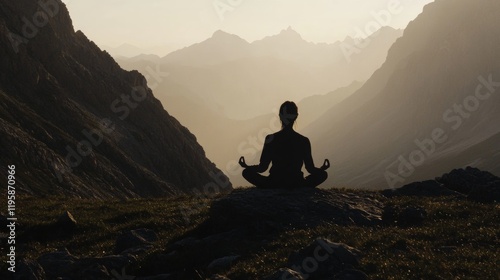 On a mountainside at sunset, a silhouette of a person sits in a meditative pose, surrounded by majestic mountain ranges. This serene moment captures peaceful reflection in nature