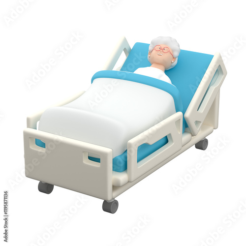 Senior female character lie down on a medical bed, 3d render