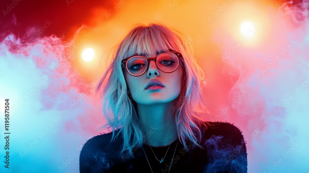 Obraz premium Young woman with glasses in foggy atmosphere, colorful lighting in background creating an artistic and vibrant portrait with stylish appearance