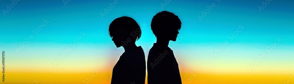 Silhouette of Two Individuals Against a Vibrant Sunset Gradient in Shades of Blue and Orange, Capturing Introspection and Emotional Connection Silhouette of Two Individuals Against a Vibrant Sunset Gradient in Shades of Blue and Orange, Capturing Introspection and Emotional Connection