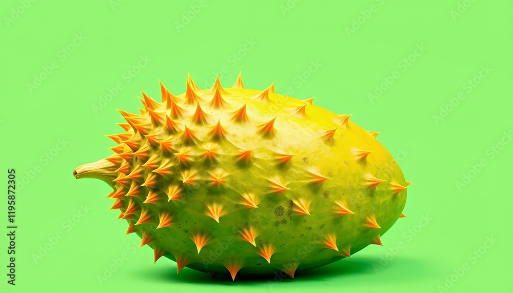 Vibrant Kiwano Fruit with Thorns Isolated on Green Screen Background. Close-up of a ripe, exotic kiwano melon, showcasing its unique texture, bright yellow-green color, and orange thorns. The fruit is Vibrant Kiwano Fruit with Thorns Isolated on Green Screen Background. Close-up of a ripe, exotic kiwano melon, showcasing its unique texture, bright yellow-green color, and orange thorns. The fruit is