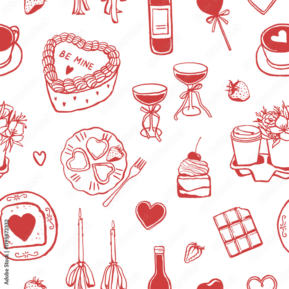 Seamless pattern with food and drinks for romantic dinner