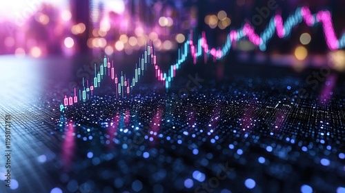 Abstract Stock Market Data Visualization: Candlestick Chart on Glowing Surface