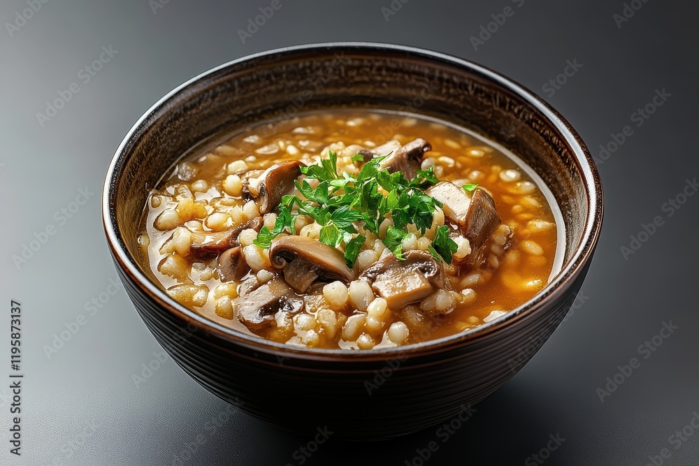 Delicious barley and mushroom soup in a rustic bowl, showcasing culinary warmth and comfort Delicious barley and mushroom soup in a rustic bowl, showcasing culinary warmth and comfort