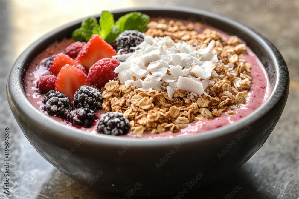 A vibrant smoothie bowl features an assortment of fresh berries, crunchy granola, and coconut flakes arranged beautifully. Perfectly suited for a healthy breakfast or snack A vibrant smoothie bowl features an assortment of fresh berries, crunchy granola, and coconut flakes arranged beautifully. Perfectly suited for a healthy breakfast or snack