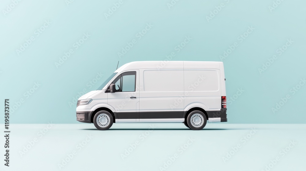 A white delivery van is isolated against a light blue background, showcasing its minimalist design and clean lines. A white delivery van is isolated against a light blue background, showcasing its minimalist design and clean lines.