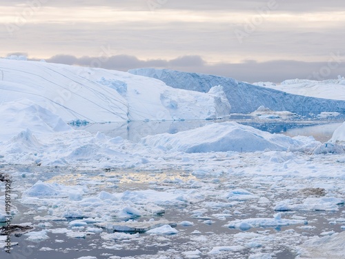 Ilulissat Icefjord also called Kangia or Ilulissat Kangerlua at Disko Bay. The Icefjord is listed as UNESCO World Heritage. Greenland, Danish Territory