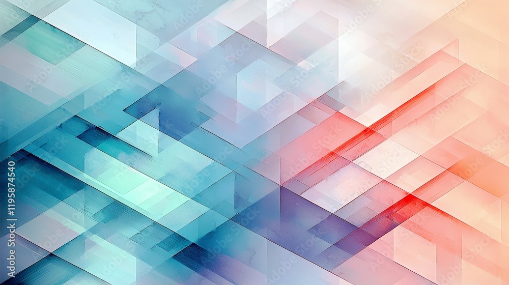Obraz premium Abstract geometric design with layered transparent shapes in soft blue and coral tones creating a modern artistic background for creative projects