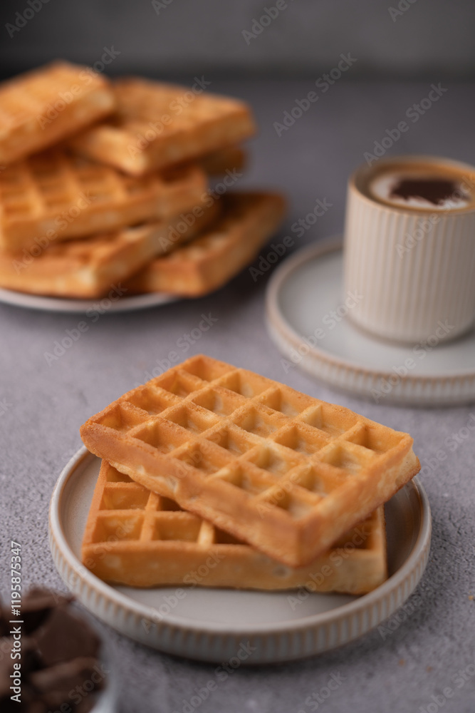 photo Savory golden waffles served with a creamy cup of coffee on a cozy breakfast table setting for a delightful morning experience with delicious brunch treats photo Savory golden waffles served with a creamy cup of coffee on a cozy breakfast table setting for a delightful morning experience with delicious brunch treats