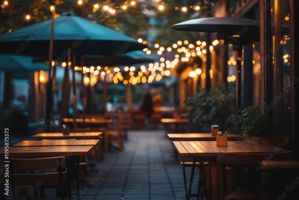Evening dining atmosphere with string lights illuminating outdoor tables Evening dining atmosphere with string lights illuminating outdoor tables