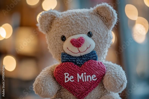 A soft teddy bear with a charming expression holds a heart-shaped sign that reads Be Mine. The background features a bokeh effect, creating a warm, romantic atmosphere perfect for gifting