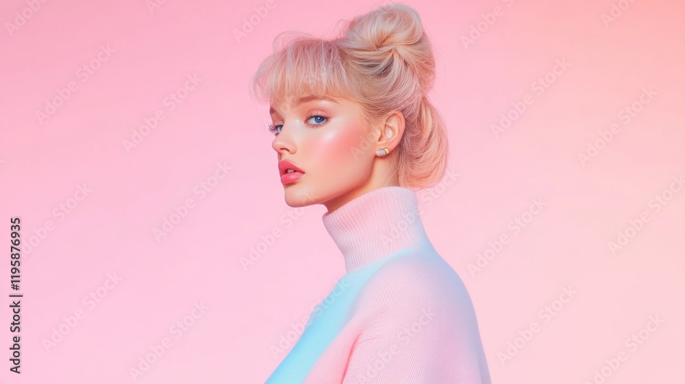 A woman with a retro hairstyle poses against a pastel gradient background, evoking a vintage yet modern summer fashion vibe. A woman with a retro hairstyle poses against a pastel gradient background, evoking a vintage yet modern summer fashion vibe.