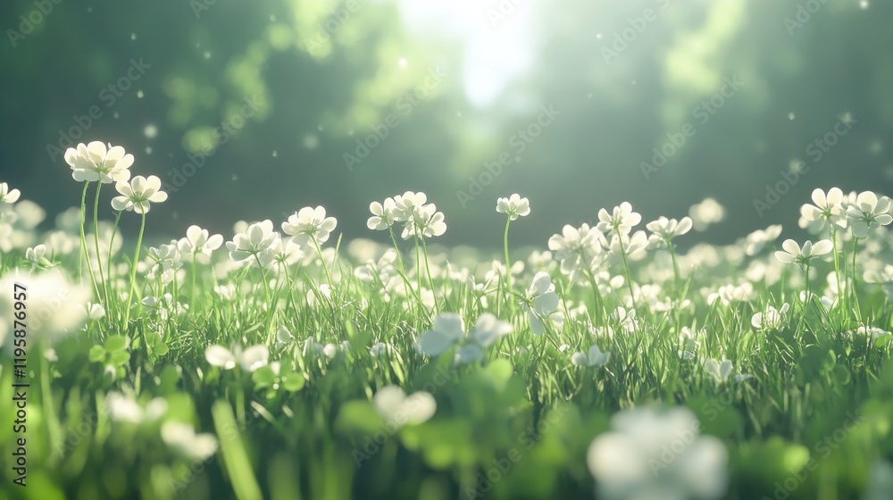Fototapeta premium A serene meadow filled with wildflowers and clover basking in gentle sunlight, creating a tranquil and natural summer scene.