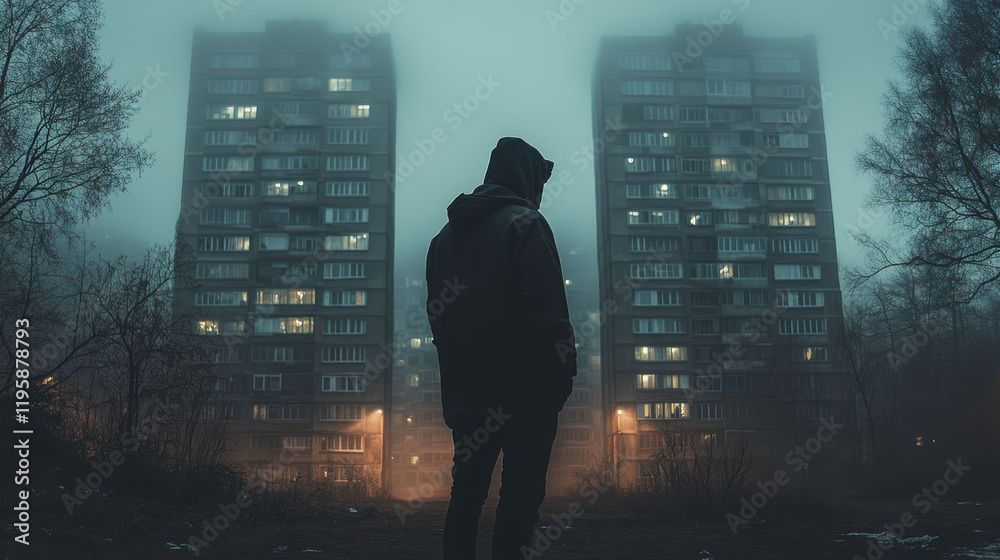 Fototapeta premium A solitary figure in a hooded coat stares at fog-shrouded, illuminated apartment buildings, creating a mysterious, atmospheric urban scene.