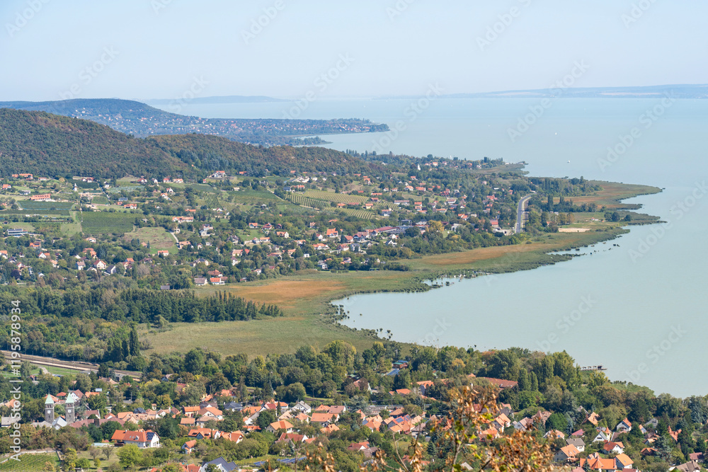 Villages on the northern shore of Lake Balaton from the air Villages on the northern shore of Lake Balaton from the air