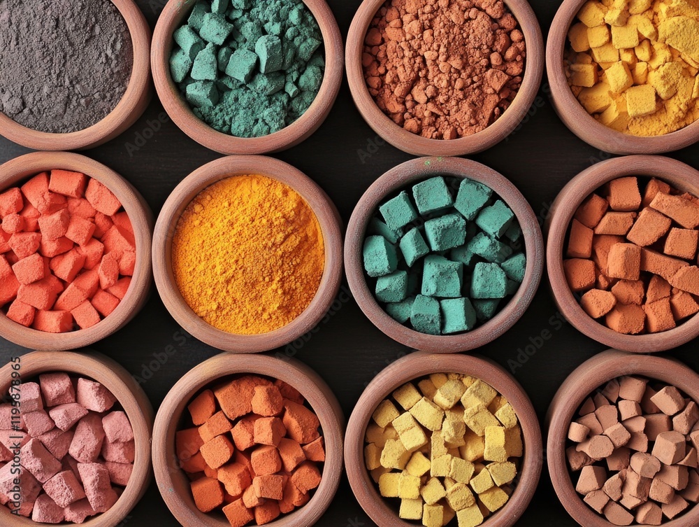 Vibrant powders arranged in earthy bowls showcase a spectrum of colors for the Holi festival, symbolizing joy and the arrival of spring