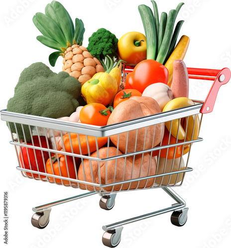 supermarket cart with fruits and vegetables photo