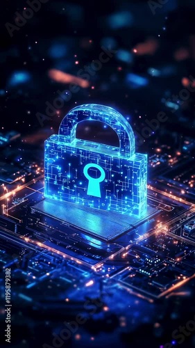 Glowing blue neon padlock icon on digital circuit board background illustrating cyber security and data protection concepts, technology, digital safety and IT infrastructure