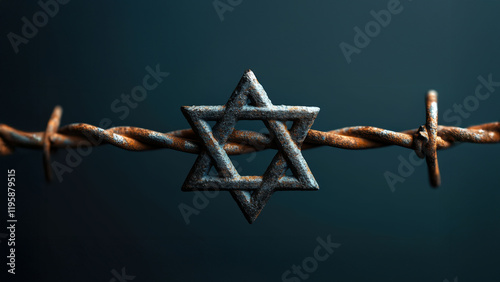 A Star of David placed on barbed wire against a dark background, evoking a haunting sense of historical memory and resilience.