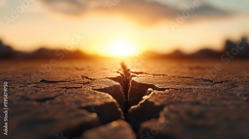 A dramatic top view of ground cracks caused by an earthquake, with the sun setting in the background, casting warm light over the fractured earth.