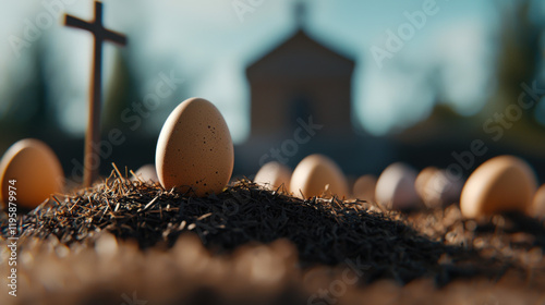 A serene scene featuring eggs nestled in soil near a cross, symbolizing themes of rebirth and spirituality against a blurred church backdrop. photo