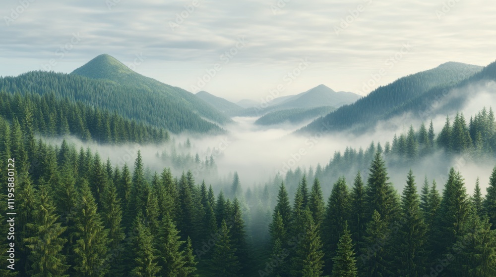 Aerial view of fog enveloping a lush, dark pine forest with rolling hills in the background, creating a serene and mystical atmosphere. Aerial view of fog enveloping a lush, dark pine forest with rolling hills in the background, creating a serene and mystical atmosphere.