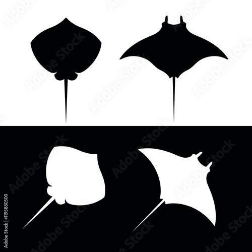 Stingray icon. Sea fish with a poisonous spine. Silhouette of a flat fish with a tail.