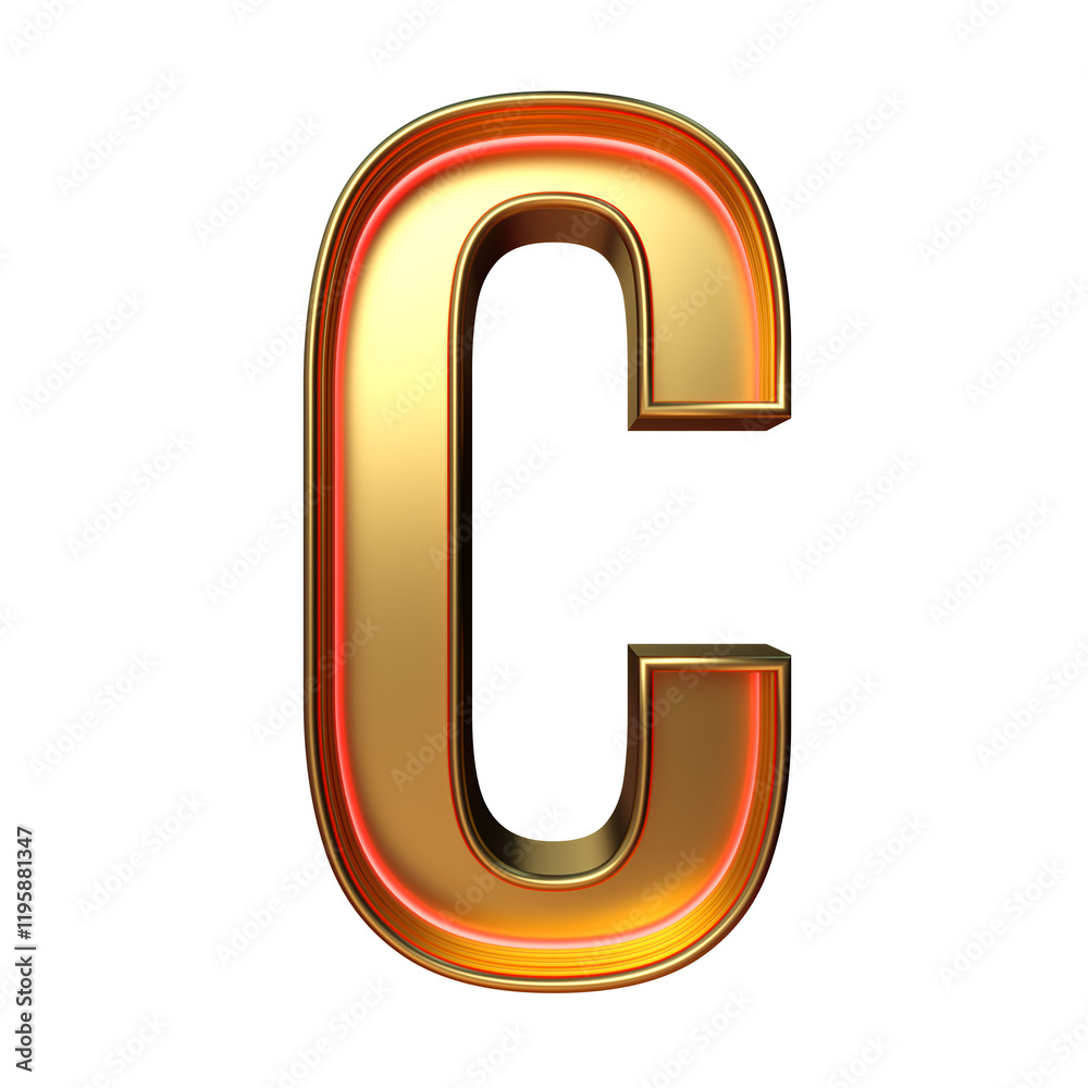 Golden retro font. Red neon. Alphabet letter C isolated on a white background with clipping path. 3d illustration. Golden retro font. Red neon. Alphabet letter C isolated on a white background with clipping path. 3d illustration.